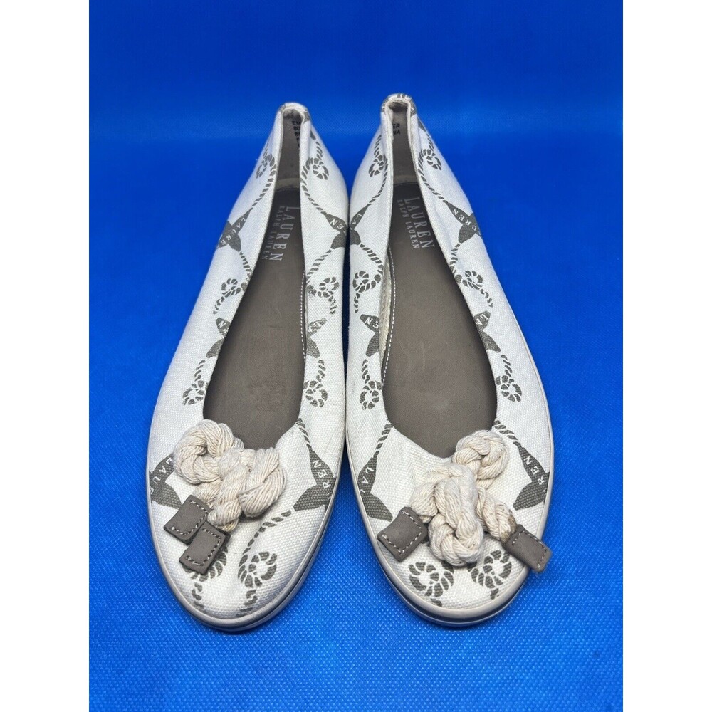 Vintage Lauren by Ralph Lauren Canvas Slip On Shoes Tan & White Rope Emilia 8 B